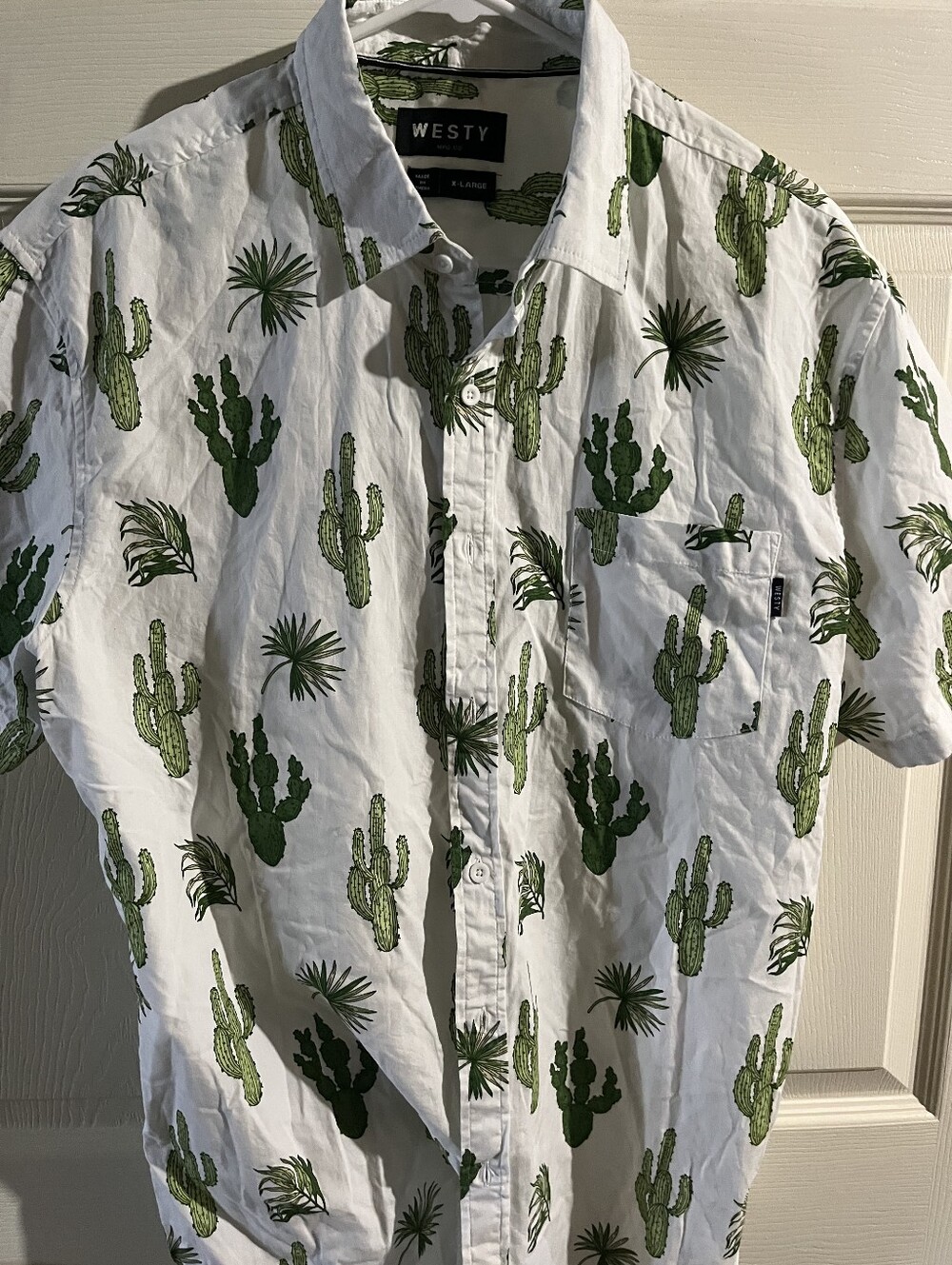 Westy White Short-Sleeve Button-Up Shirt with Green Cactus Print